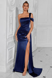 Navy Satin Mermaid One Shoulder Long Formal Dress with Slit