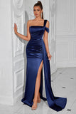 Navy Satin Mermaid One Shoulder Long Formal Dress with Slit