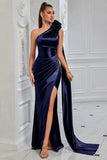 Navy Satin Sheath One Shoulder Ruched Long Prom Dress with Side Cape