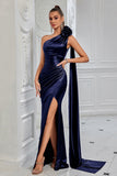 Navy Satin Sheath One Shoulder Ruched Long Prom Dress with Side Cape