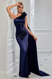 Navy Satin Sheath One Shoulder Ruched Long Prom Dress with Side Cape
