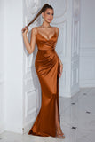 Dark Green Satin Sheath Spaghetti Straps Ruched Long Prom Dress with Slit