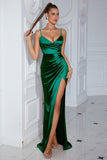 Dark Green Satin Sheath Spaghetti Straps Ruched Long Prom Dress with Slit