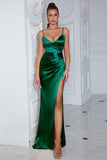 Dark Green Satin Sheath Spaghetti Straps Ruched Long Prom Dress with Slit