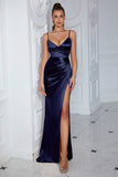 Dark Green Satin Sheath Spaghetti Straps Ruched Long Prom Dress with Slit