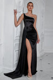 Black One Shoulder Sheath Long Prom Dress with Slit