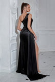 Black One Shoulder Sheath Long Prom Dress with Slit