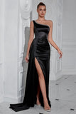 Black One Shoulder Sheath Long Prom Dress with Slit