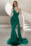 Mermaid Dark Green One Shoulder Sweep Train Prom Dress