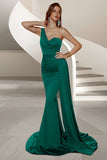 Mermaid Dark Green One Shoulder Sweep Train Prom Dress