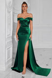Mermaid Off the Shoulder Dark Green Ruched Slit Prom Dress