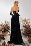 Black Bateau Sheath Corset Velvet Prom Dress with Slit