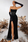 Black Bateau Sheath Corset Velvet Prom Dress with Slit