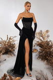 Black Bateau Sheath Corset Velvet Prom Dress with Slit