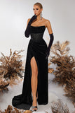 Black Bateau Sheath Corset Velvet Prom Dress with Slit
