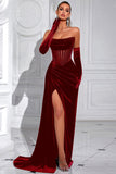 Black Bateau Sheath Corset Velvet Prom Dress with Slit