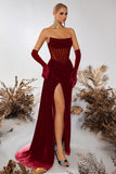 Black Bateau Sheath Corset Velvet Prom Dress with Slit
