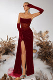 Black Bateau Sheath Corset Velvet Prom Dress with Slit