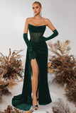 Black Bateau Sheath Corset Velvet Prom Dress with Slit