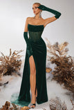 Black Bateau Sheath Corset Velvet Prom Dress with Slit