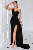 Mermaid Black One Shoulder Sweep Train Prom Dress with Slit