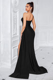 Mermaid Black One Shoulder Sweep Train Prom Dress with Slit