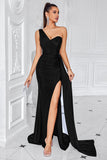 Mermaid Black One Shoulder Sweep Train Prom Dress with Slit