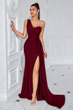 Mermaid Black One Shoulder Sweep Train Prom Dress with Slit