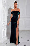 Mermaid Dark Green Off the Shoulder Velvet Prom Dress with Slit