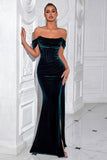 Mermaid Dark Green Off the Shoulder Velvet Prom Dress with Slit