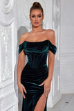 Mermaid Dark Green Off the Shoulder Velvet Prom Dress with Slit