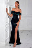 Mermaid Dark Green Off the Shoulder Velvet Prom Dress with Slit