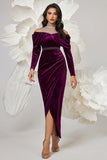 Dark Purple Velvet Sheath Ruched Prom Dress