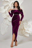 Dark Purple Velvet Sheath Ruched Prom Dress