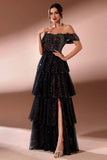 Sparkly Black Off the Shoulder Sequins Tiered Porm Dress with Slit