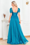 Blue Off the Shoulder A Line Pleated Prom Dress with Slit