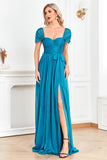 Blue Off the Shoulder A Line Pleated Prom Dress with Slit