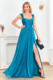 Blue Off the Shoulder A Line Pleated Prom Dress with Slit