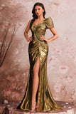 One Shoulder Golden Mermaid Pleated Prom Dress