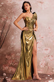 One Shoulder Golden Mermaid Pleated Prom Dress