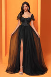 Black Square Neck A Line Prom Dress with Slit