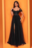 Black Square Neck A Line Prom Dress with Slit