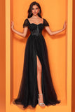 Black Square Neck A Line Prom Dress with Slit