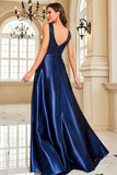Navy V-Neck A Line Prom Dress with Pockets