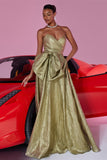 Golden Strapless A Line Prom Dress with Bow
