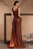 Brown Mermaid V Neck Sequin Formal Dress with Side Streamer