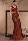 Brown Mermaid V Neck Sequin Formal Dress with Side Streamer