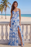 Blue White Flower A Line Ruffled Corset Long Formal Dress with Slit