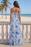 Blue White Flower A Line Ruffled Corset Long Formal Dress with Slit