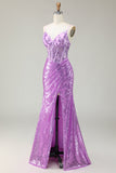 Sparkly Mermaid Purple Corset Sequins Long Formal Dress With Slit